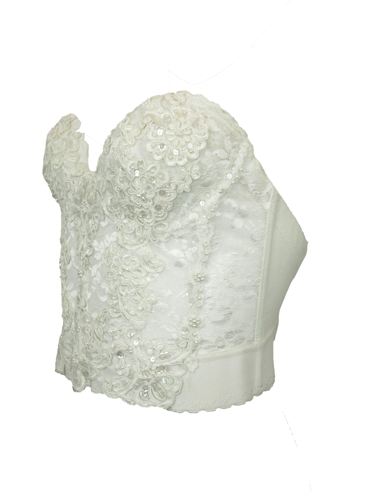 A vintage bridal intricate white lace and tulle corset-style top with floral embroidery, sequins, and bead embellishments