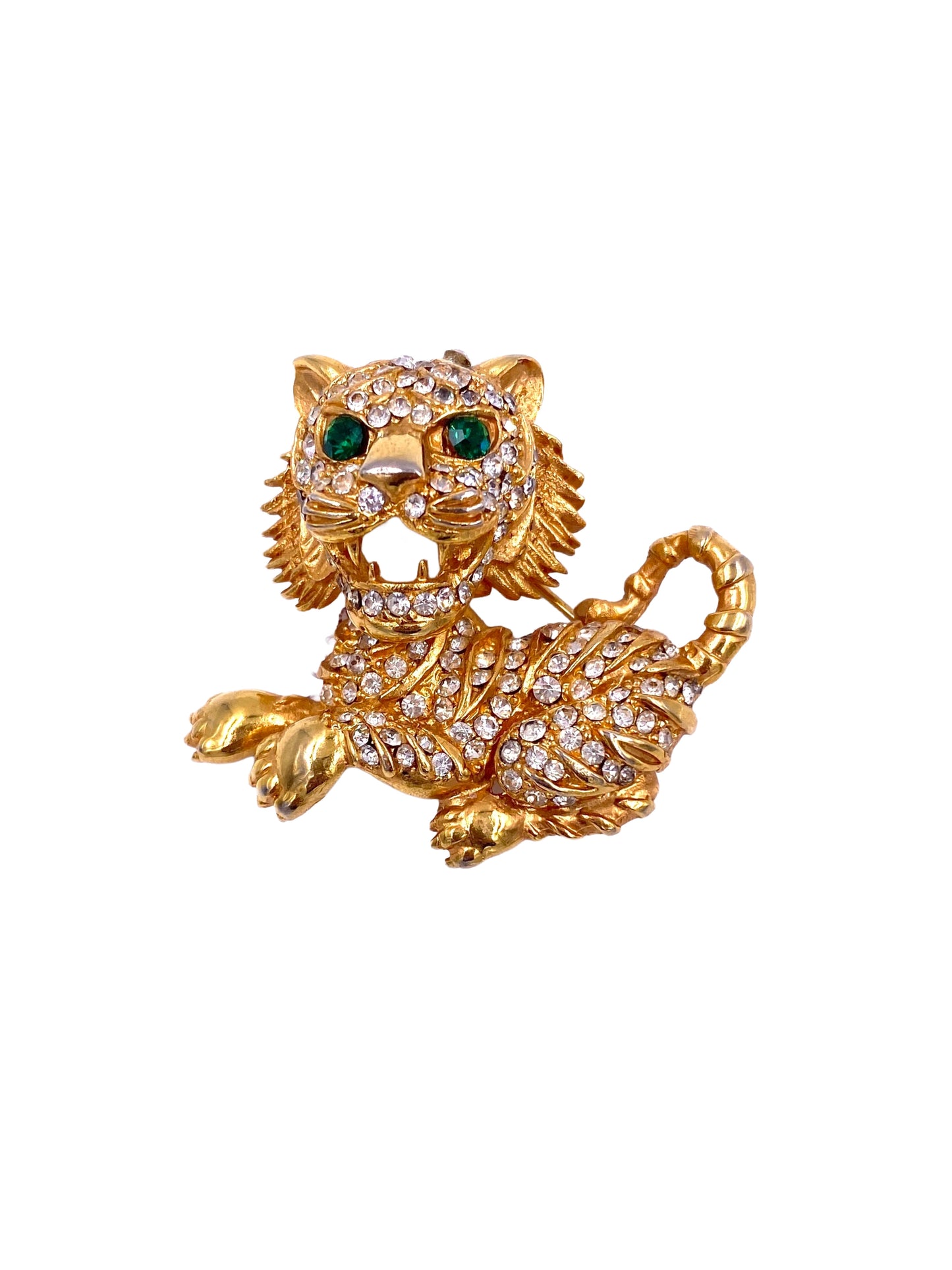 Lion Rhinestone Brooch with Emerald Eyes