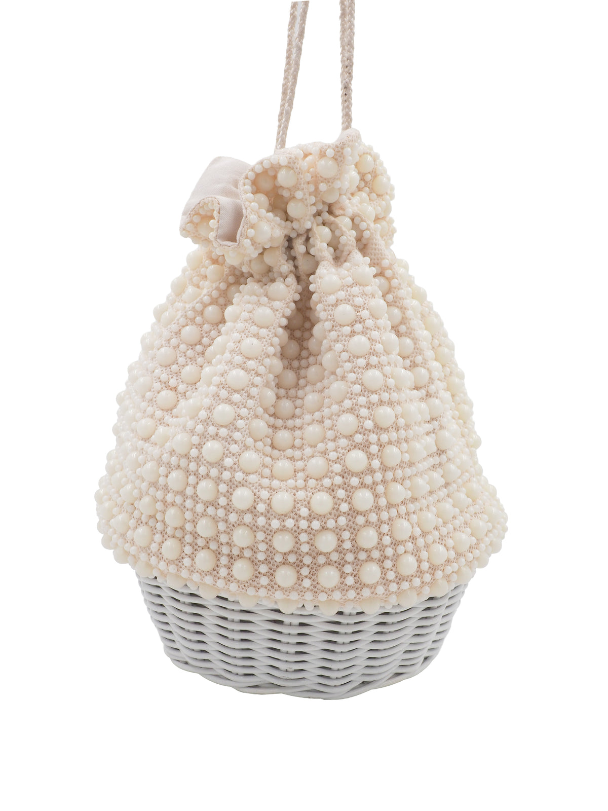 A cream-colored beaded bucket bag with a textured pom-pom pattern, featuring a drawstring closure and a light white woven basket base