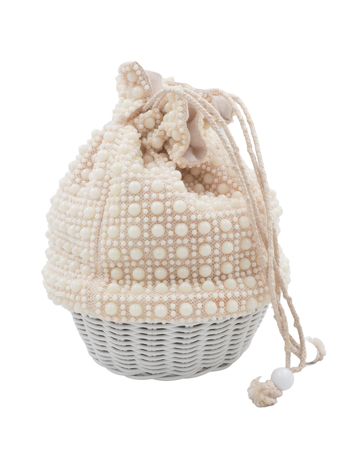 A cream-colored beaded bucket bag with a textured pom-pom pattern, featuring a drawstring closure and a light white woven basket base