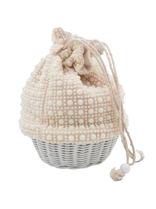 A cream-colored beaded bucket bag with a textured pom-pom pattern, featuring a drawstring closure and a light white woven basket base