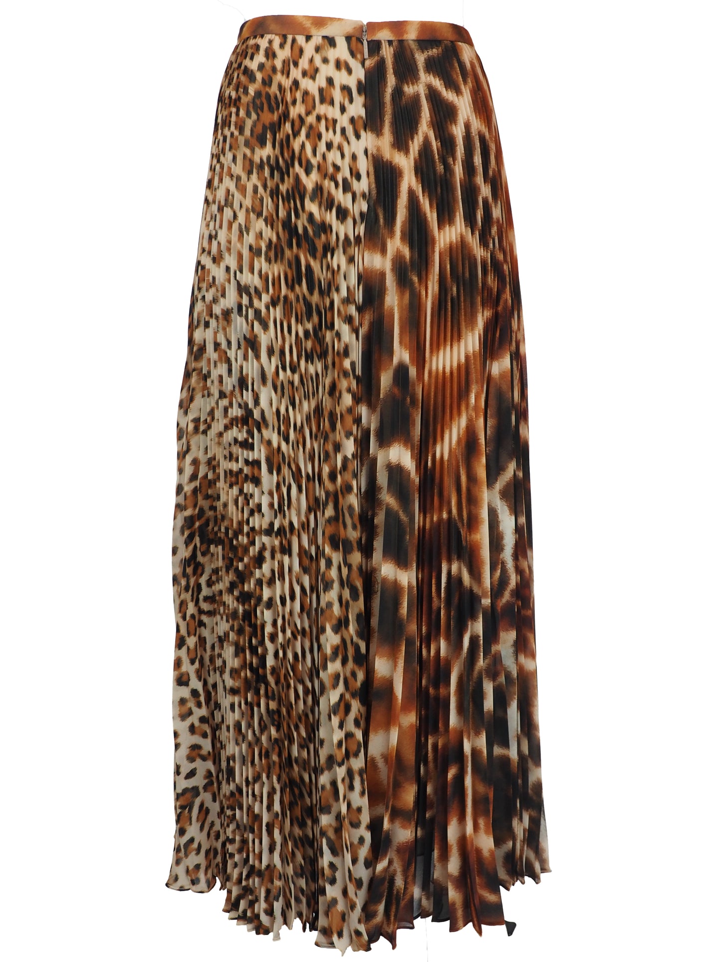A vintage Roberto cavalli 2021 pleated midi skirt featuring an abstract leopard print pattern in brown, black, and beige