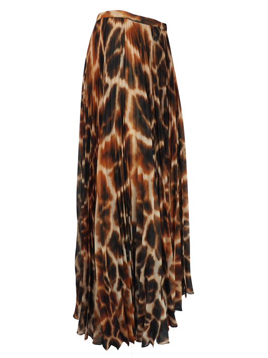 A vintage Roberto cavalli 2021 pleated midi skirt featuring an abstract leopard print pattern in brown, black, and beige