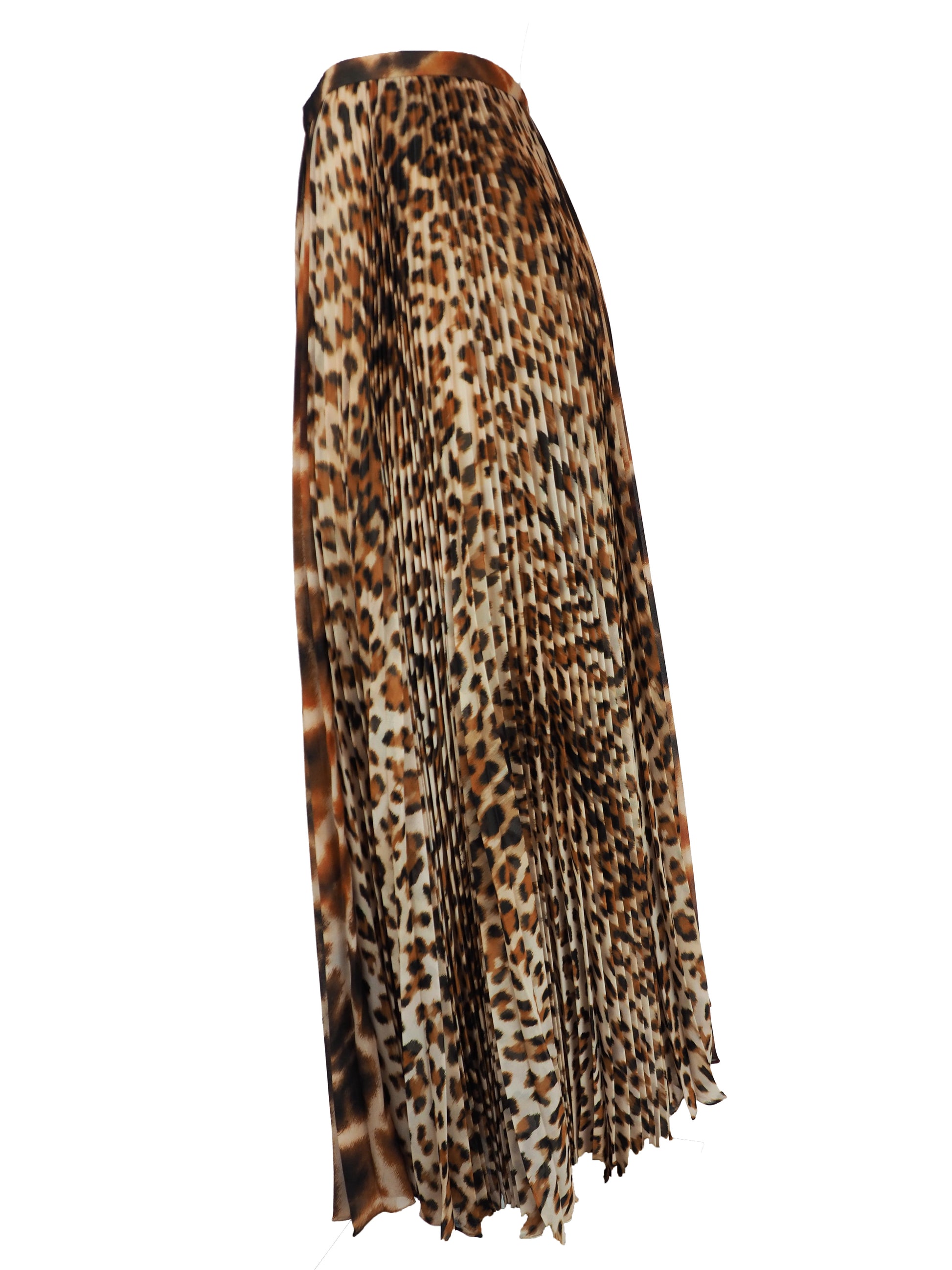 A vintage Roberto cavalli 2021 pleated midi skirt featuring an abstract leopard print pattern in brown, black, and beige