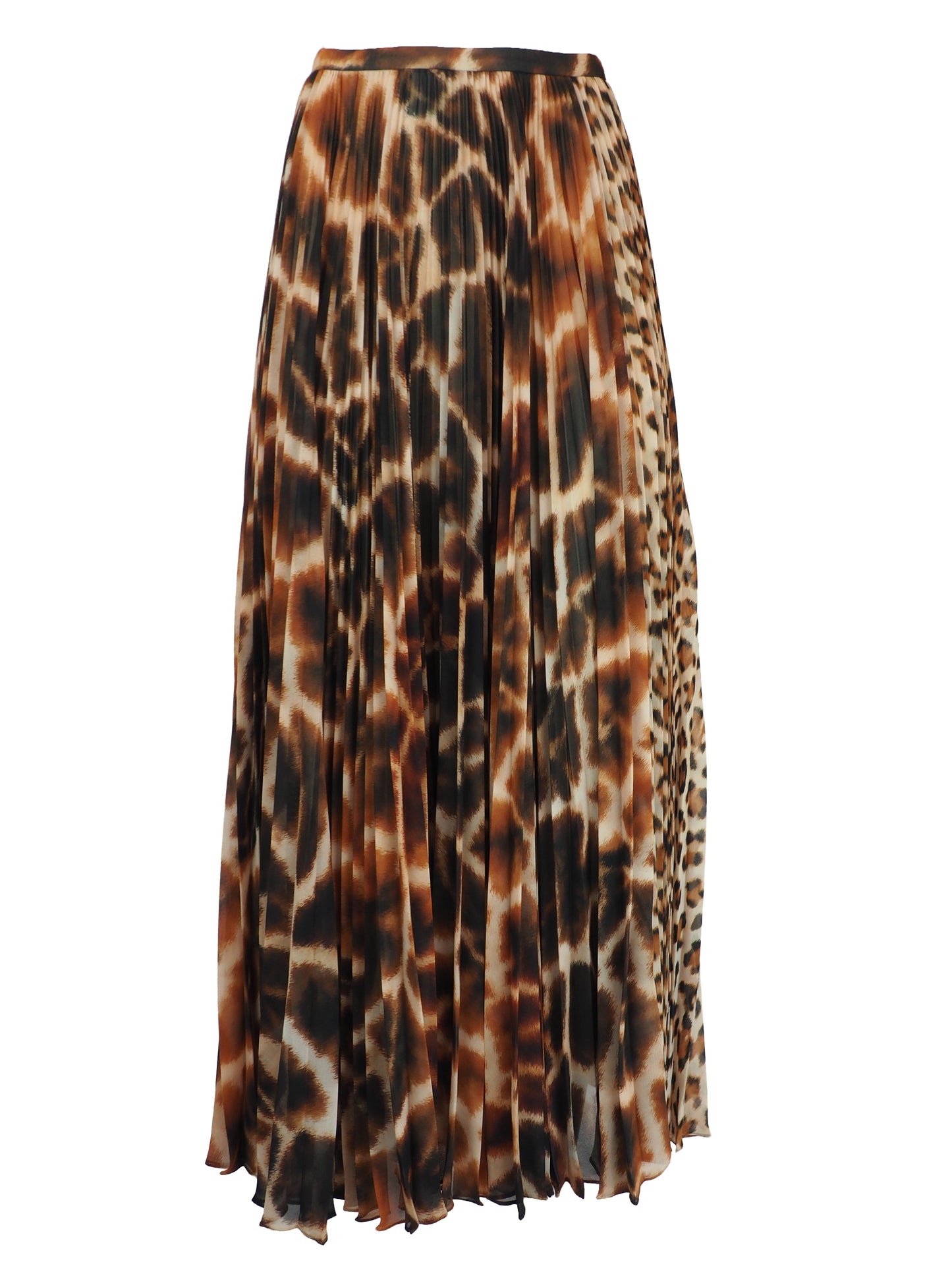 A vintage Roberto cavalli 2021 pleated midi skirt featuring an abstract leopard print pattern in brown, black, and beige