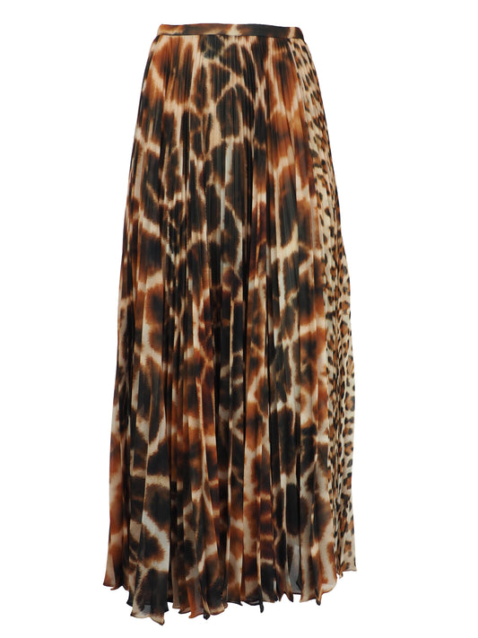A vintage Roberto cavalli 2021 pleated midi skirt featuring an abstract leopard print pattern in brown, black, and beige
