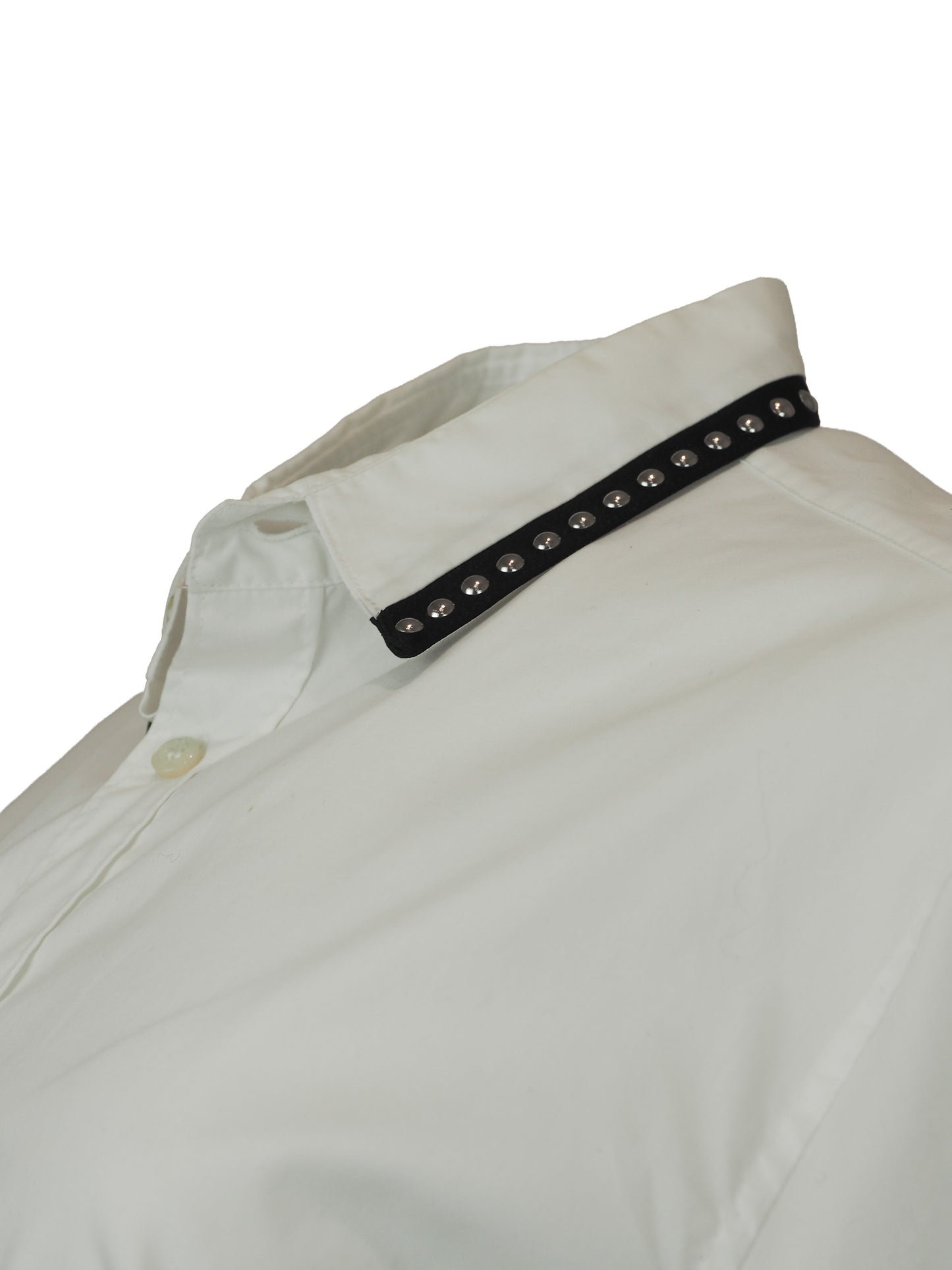 A vintage Roberto cavalli white long-sleeve button-down shirt with black and silver patterned stud trim on the collar and cuffs