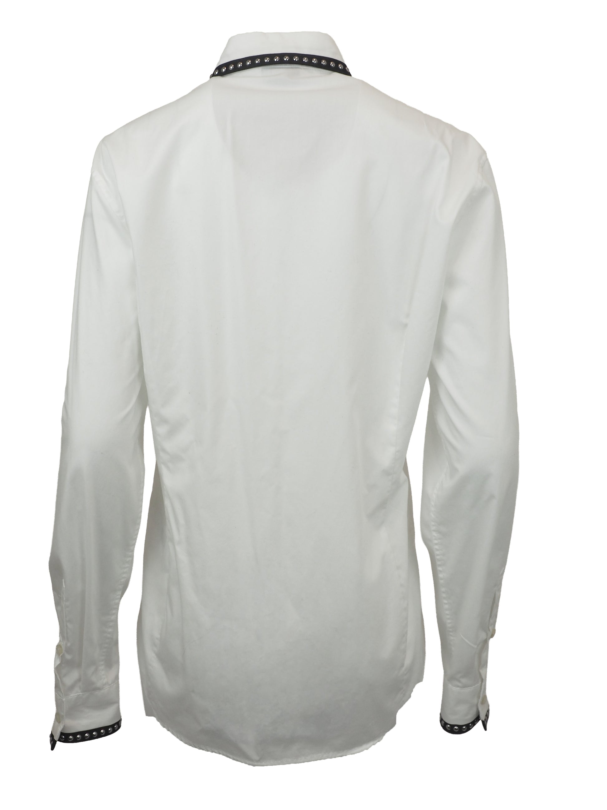 A vintage Roberto cavalli white long-sleeve button-down shirt with black and silver patterned stud trim on the collar and cuffs