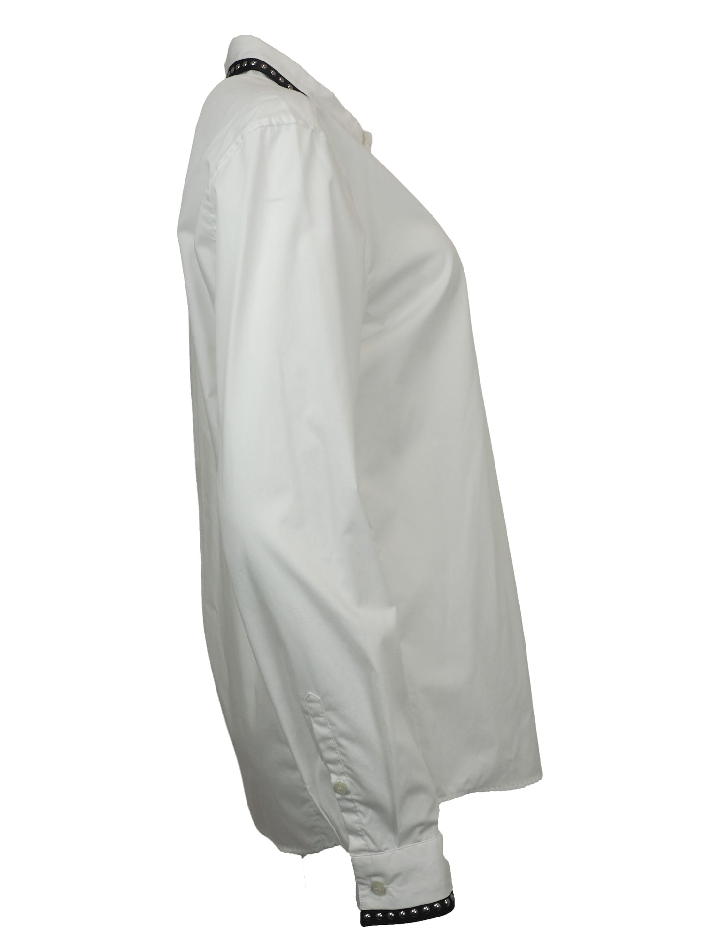 A vintage Roberto cavalli white long-sleeve button-down shirt with black and silver patterned stud trim on the collar and cuffs