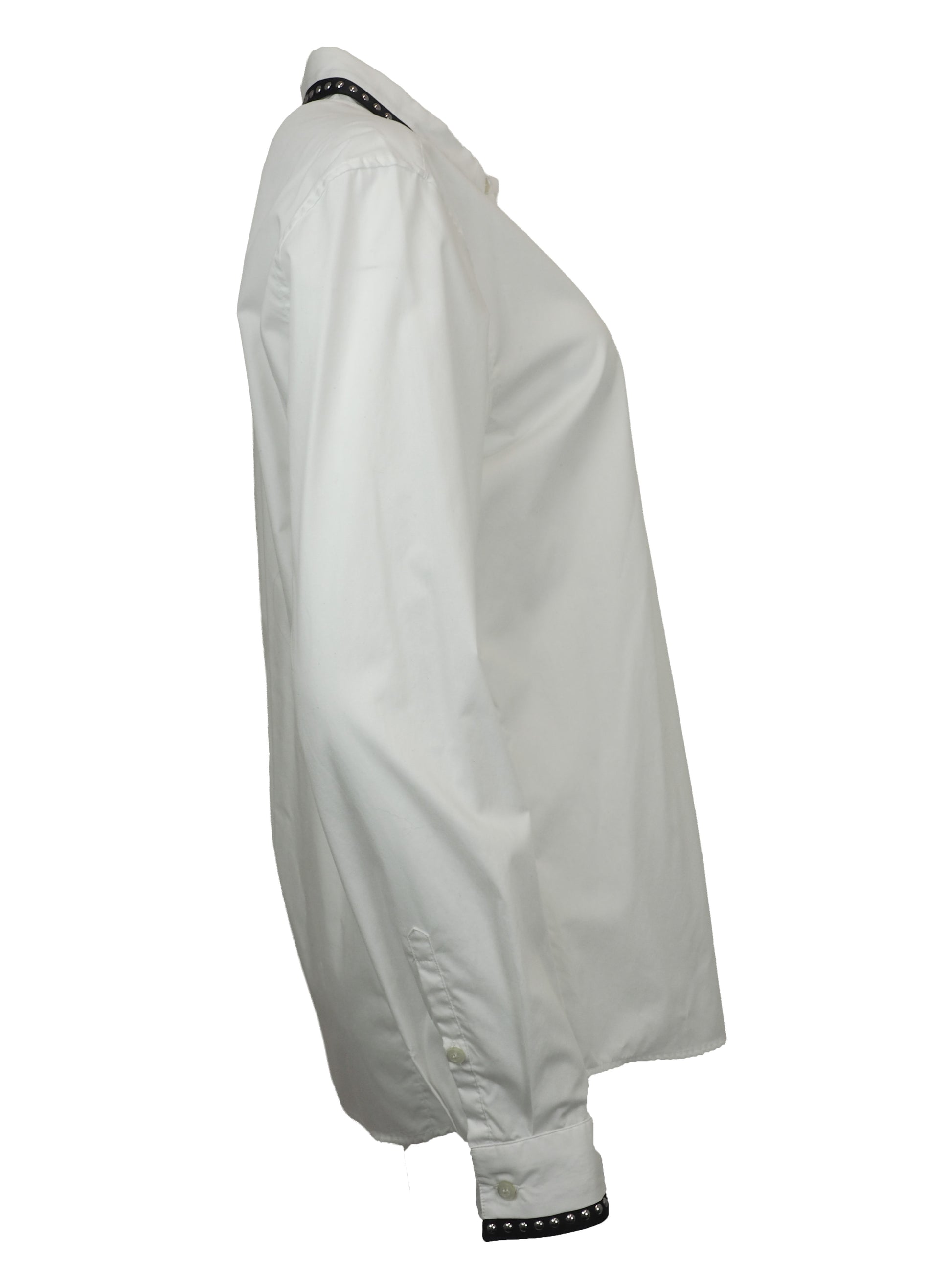 A vintage Roberto cavalli white long-sleeve button-down shirt with black and silver patterned stud trim on the collar and cuffs
