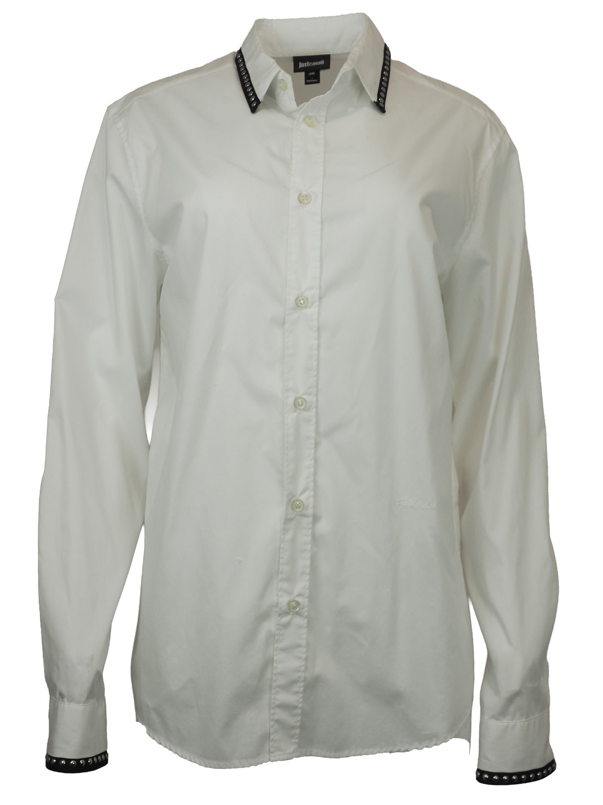 A vintage Roberto cavalli white long-sleeve button-down shirt with black and silver patterned stud trim on the collar and cuffs