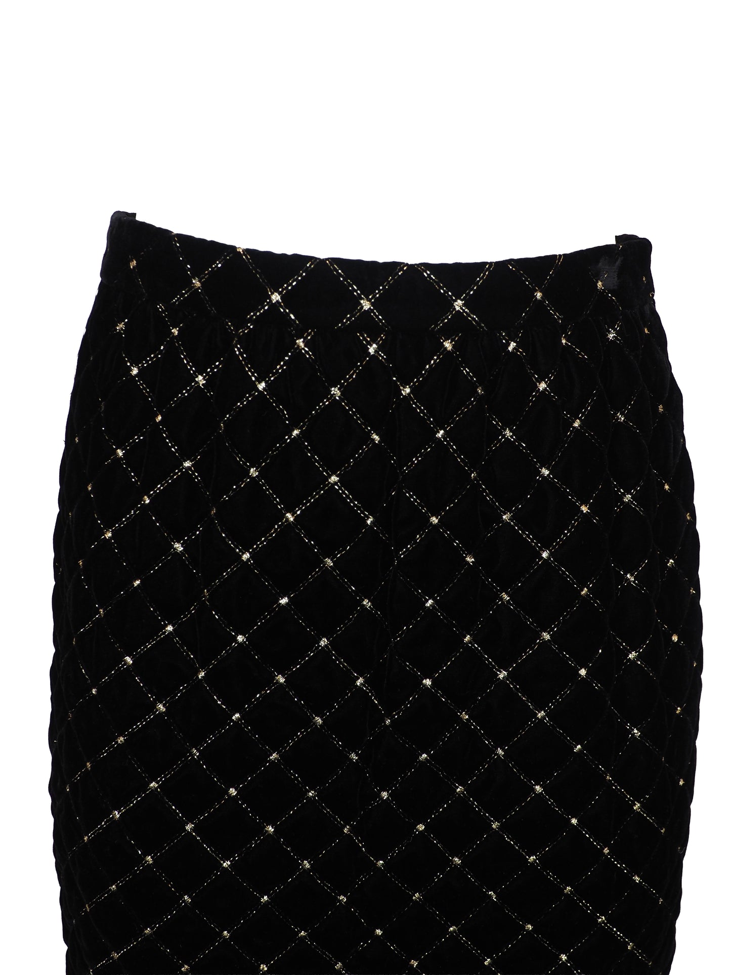 A vintage Celine black velvet two-piece suit set consisting of a cropped jacket and a matching pencil skirt, both decorated with a gold diamond lattice pattern and gold trim
