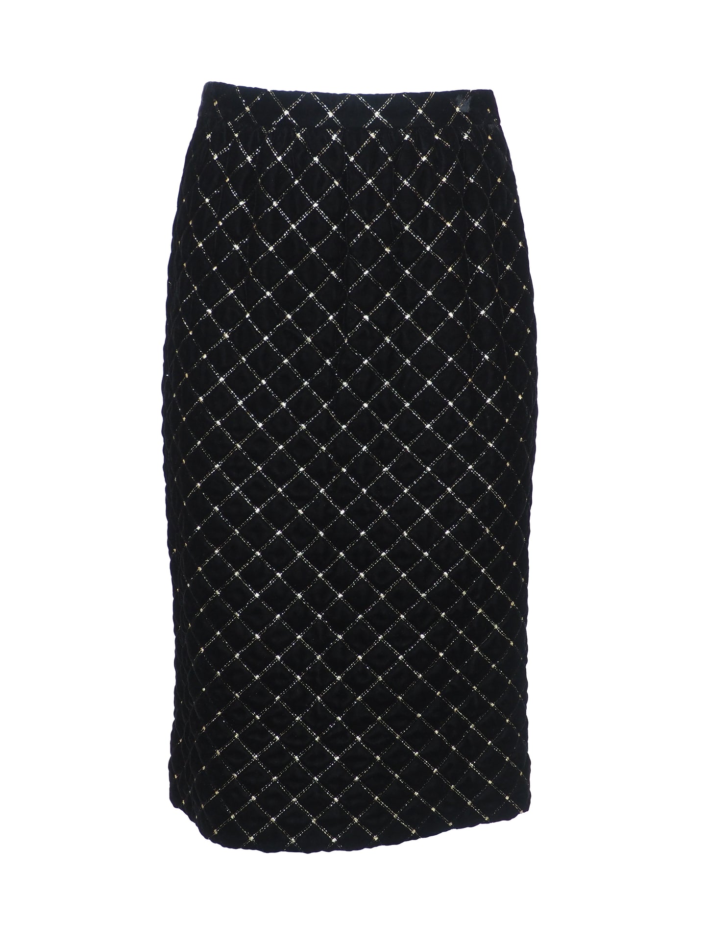 A vintage Celine black velvet two-piece suit set consisting of a cropped jacket and a matching pencil skirt, both decorated with a gold diamond lattice pattern and gold trim