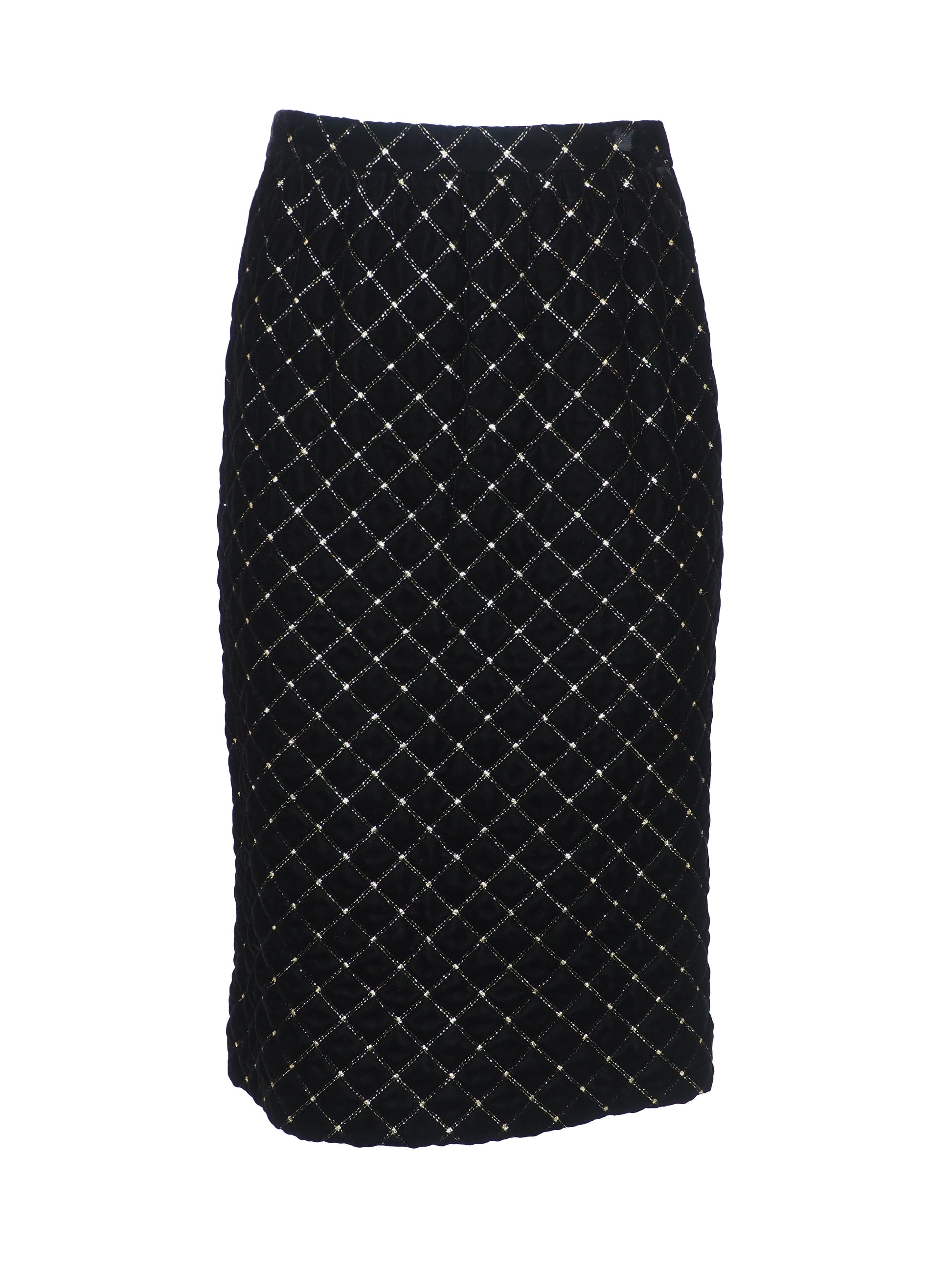 A vintage Celine black velvet two-piece suit set consisting of a cropped jacket and a matching pencil skirt, both decorated with a gold diamond lattice pattern and gold trim