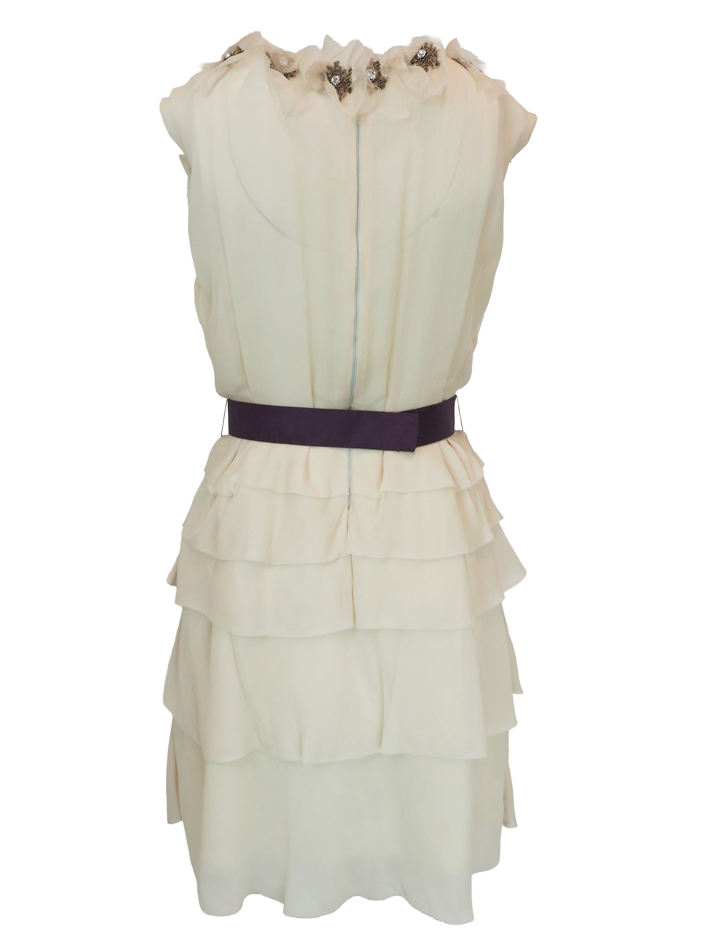 A vintage Chloe Y2K off-white sleeveless ruffled dress with floral embellishments on the bodice and a dark purple waist belt 