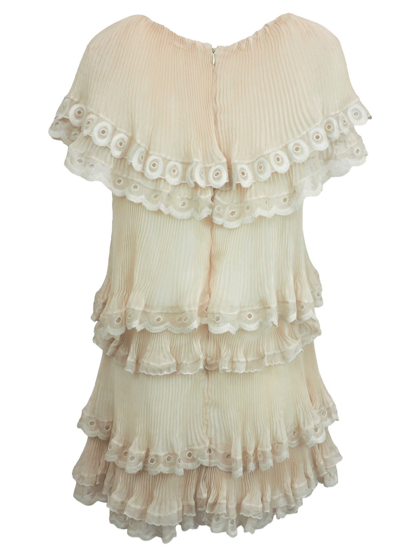 A vintage Chloe runway cream-colored tiered lace dress with ruffled eyelet trim and off-the-shoulder sleeves