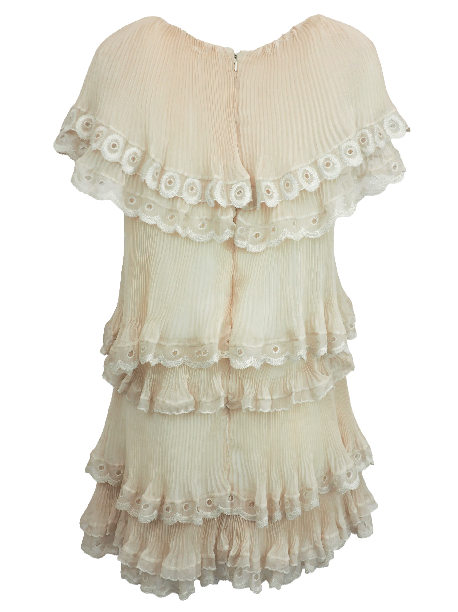 A vintage Chloe runway cream-colored tiered lace dress with ruffled eyelet trim and off-the-shoulder sleeves