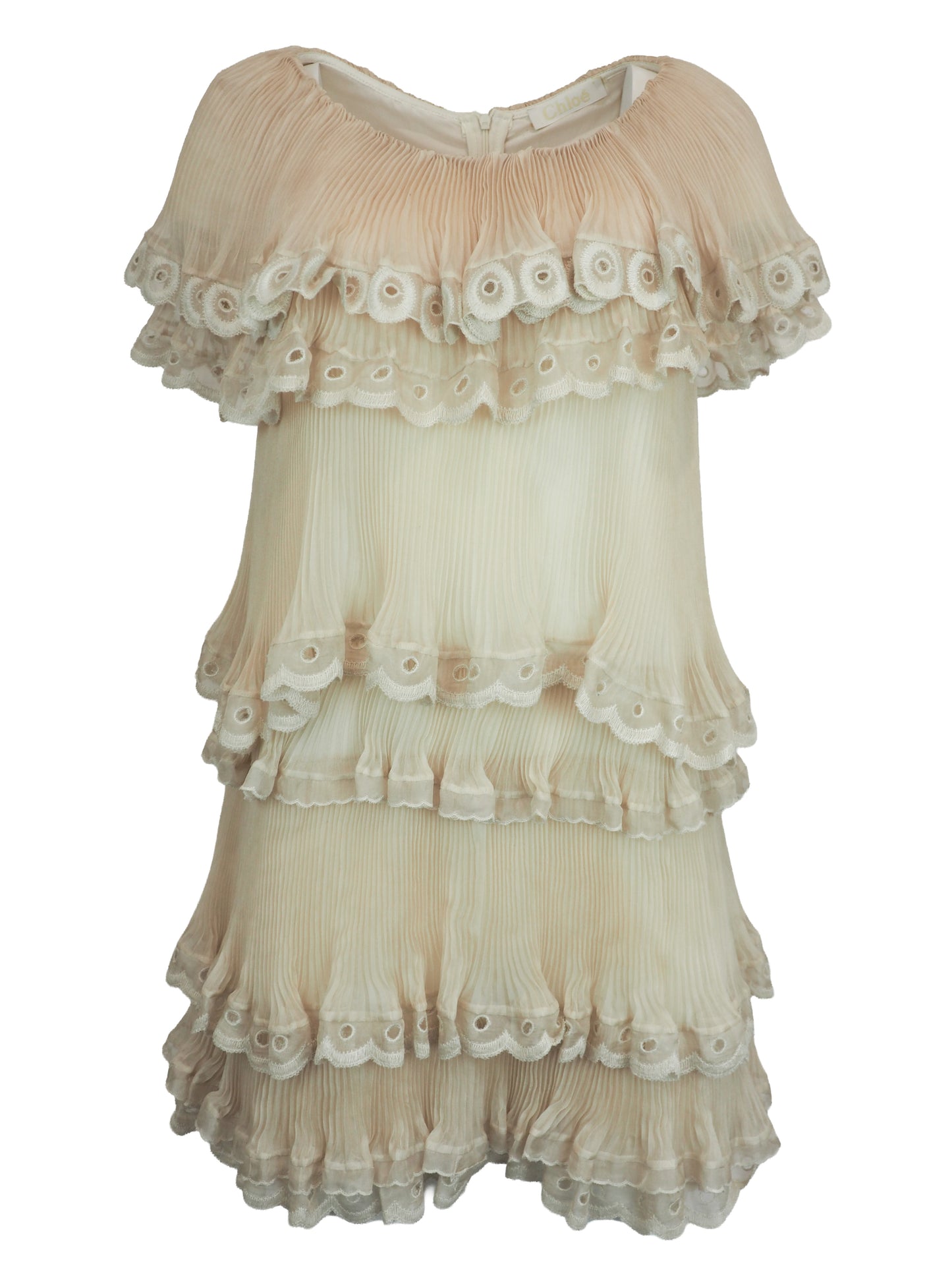 A vintage Chloe runway cream-colored tiered lace dress with ruffled eyelet trim and off-the-shoulder sleeves