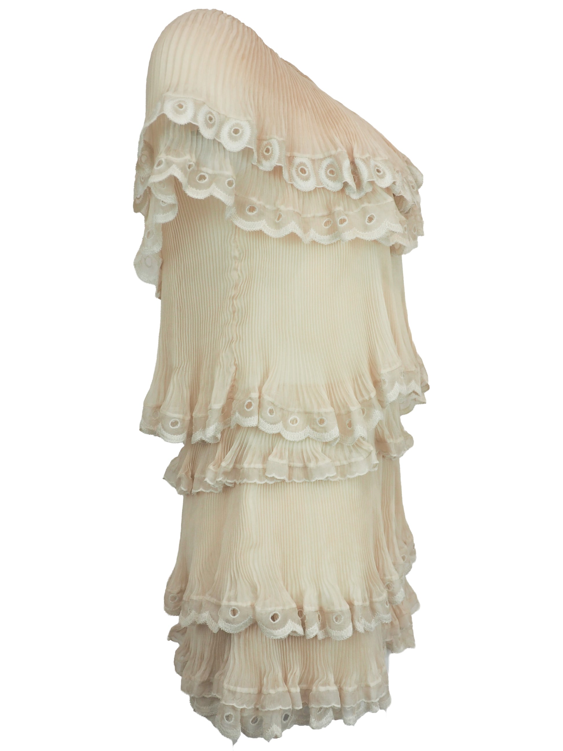 A vintage Chloe runway cream-colored tiered lace dress with ruffled eyelet trim and off-the-shoulder sleeves