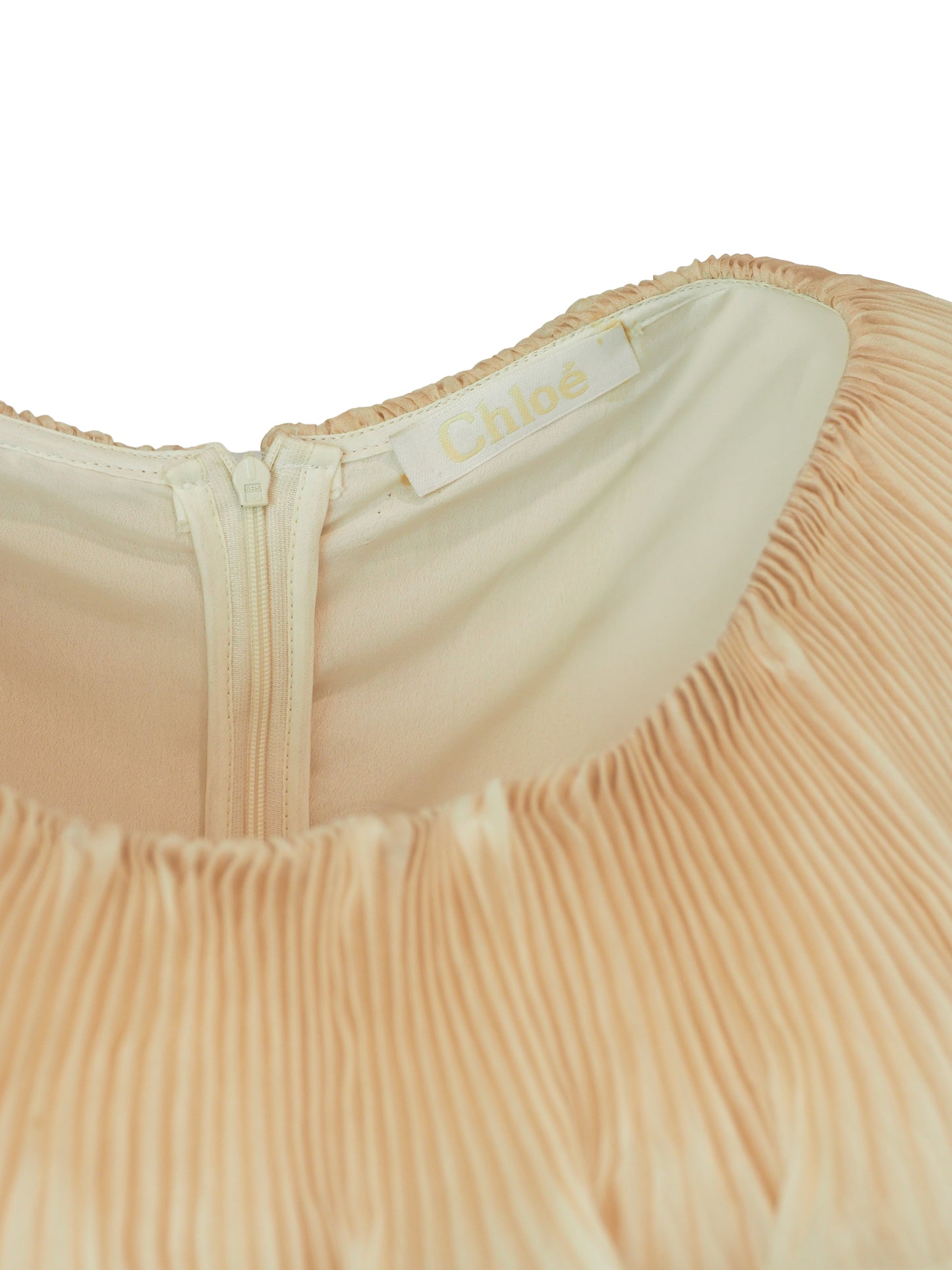 A vintage Chloe runway cream-colored tiered lace dress with ruffled eyelet trim and off-the-shoulder sleeves