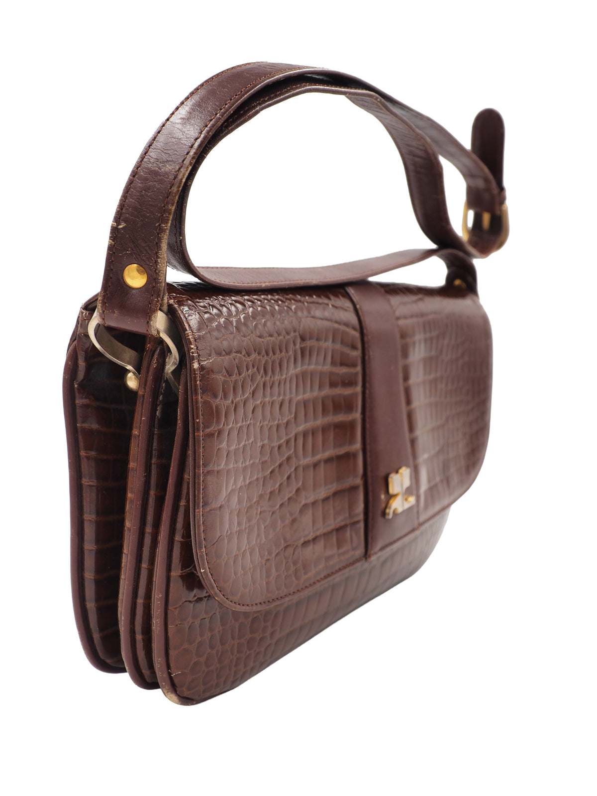 A dark brown courreges vintage crocodile-embossed leather shoulder bag with a matching adjustable strap and a small silver-tone metal logo on the front flap