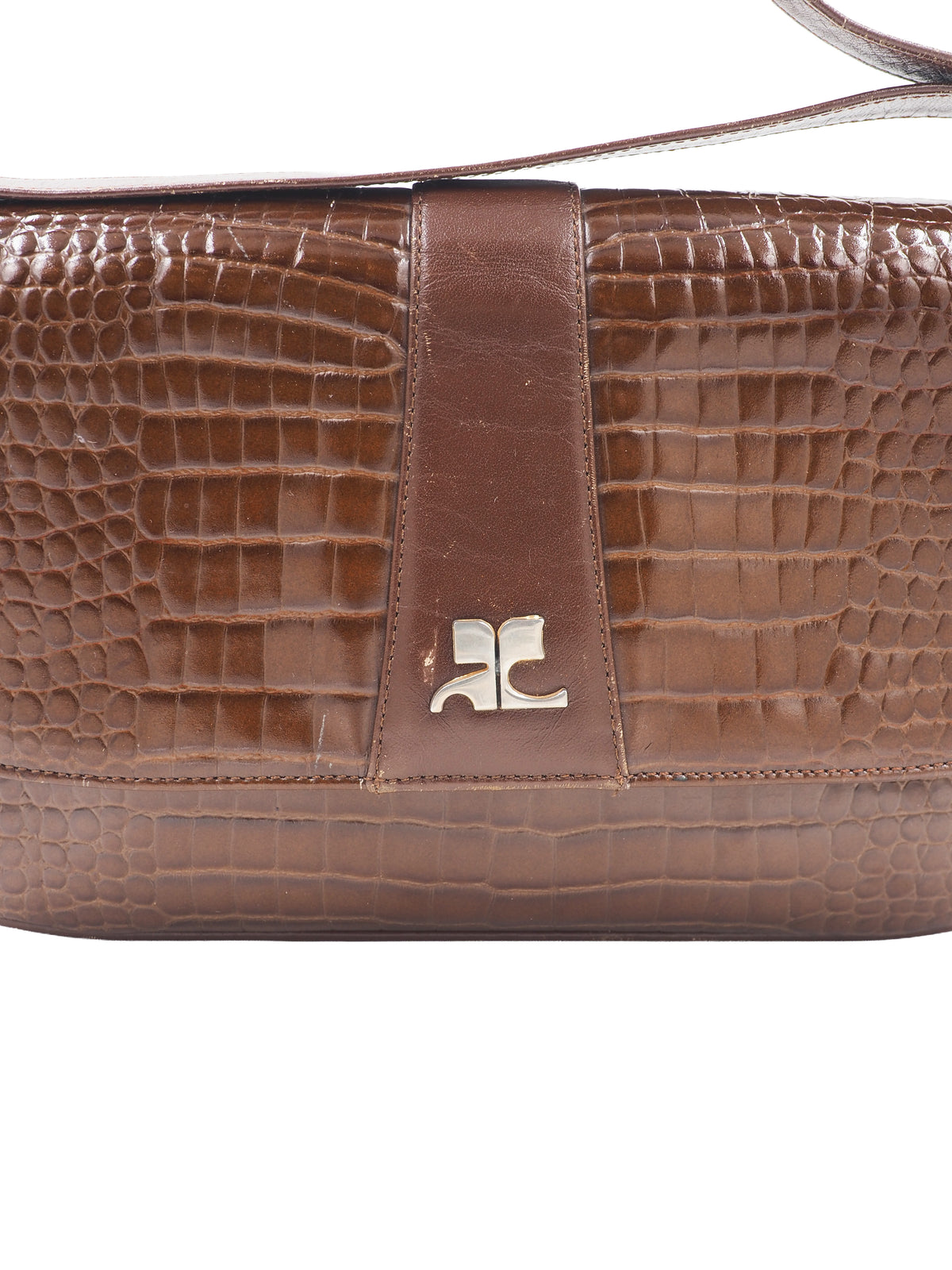 A dark brown courreges vintage crocodile-embossed leather shoulder bag with a matching adjustable strap and a small silver-tone metal logo on the front flap