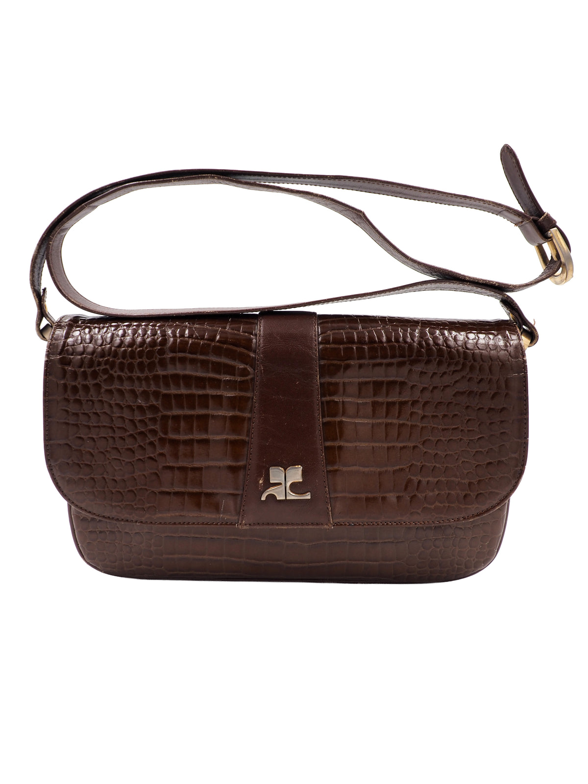 A dark brown courreges vintage crocodile-embossed leather shoulder bag with a matching adjustable strap and a small silver-tone metal logo on the front flap