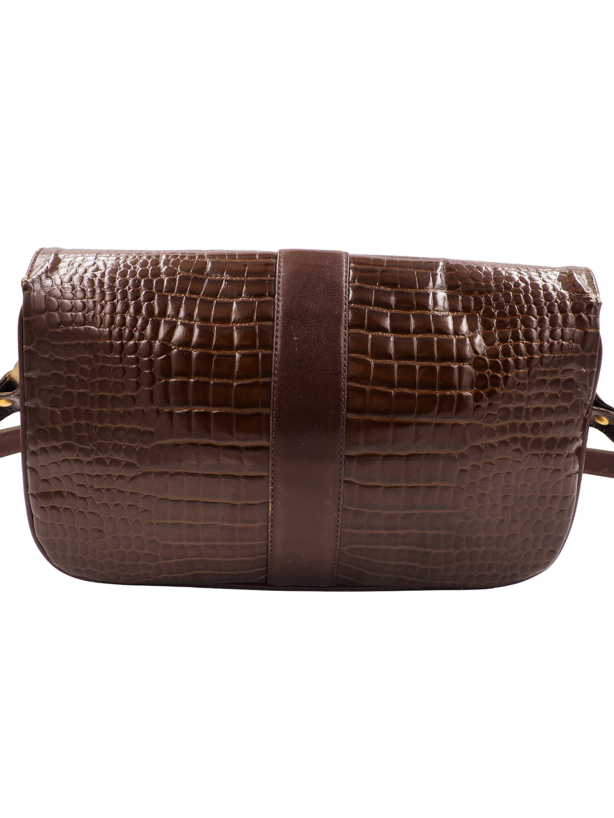 A dark brown courreges vintage crocodile-embossed leather shoulder bag with a matching adjustable strap and a small silver-tone metal logo on the front flap