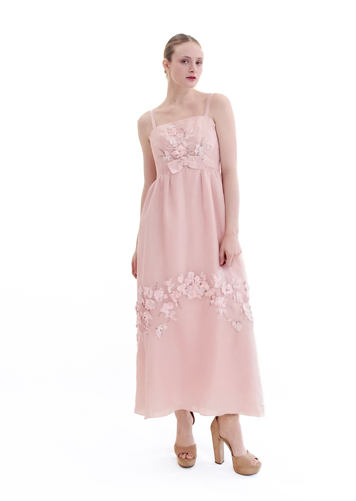 Helena Barbieri 1964 Pale Pink Bow Front Floral Ornamented Gown
