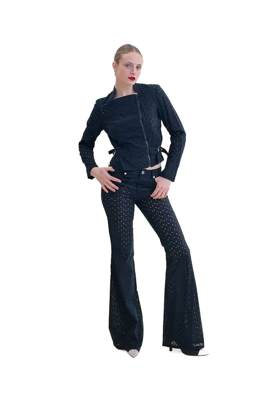 John Galliano Spring 2002 Black Eyelet Pants and Jacket Set