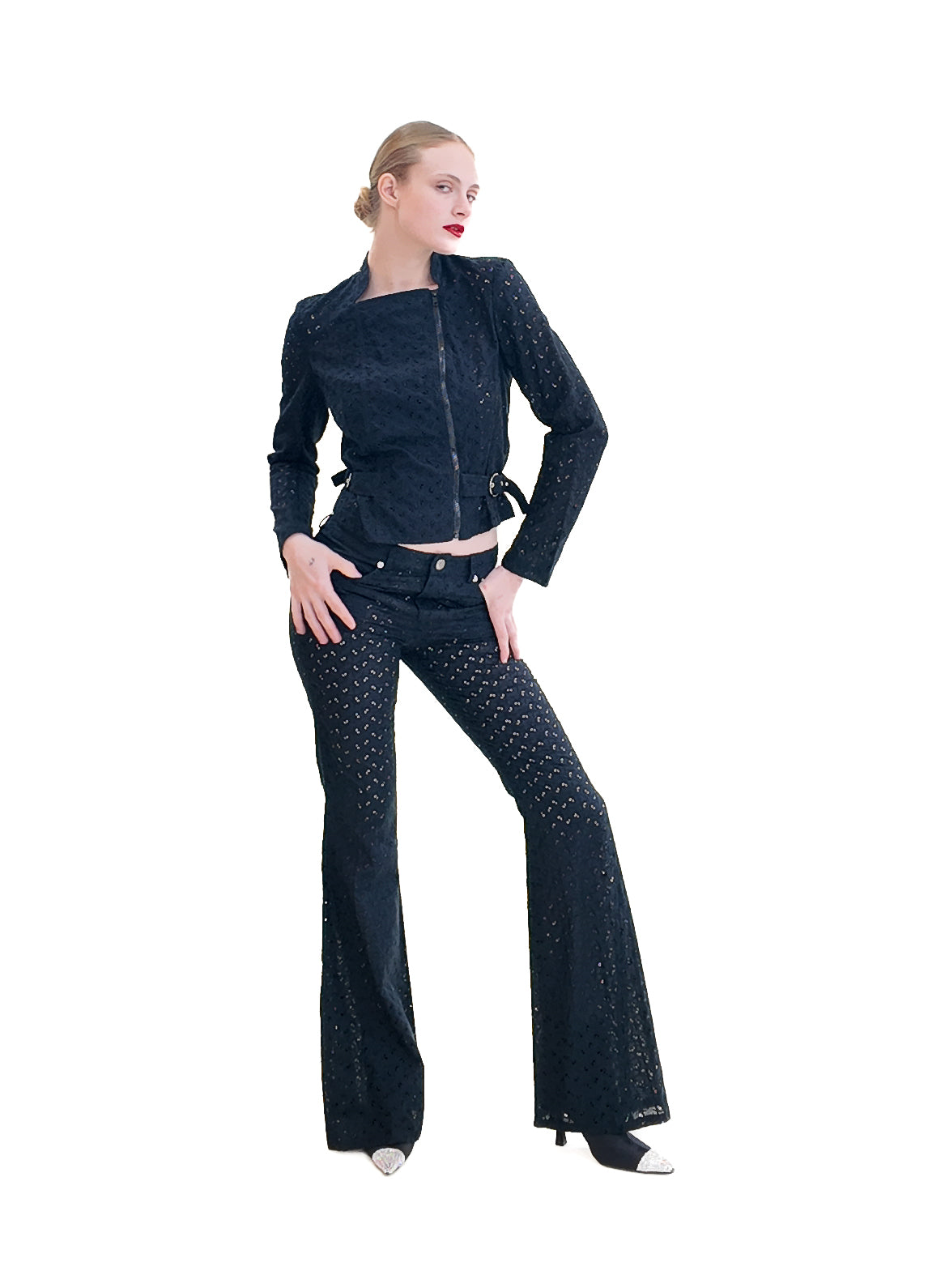 John Galliano Spring 2002 Black Eyelet Pants and Jacket Set