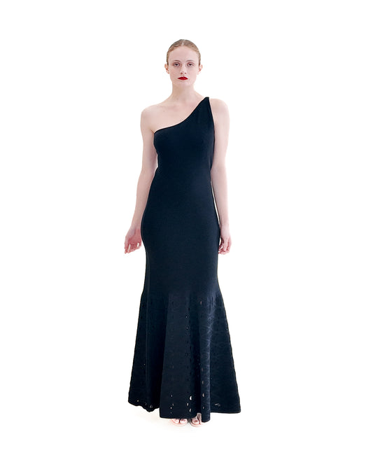 Chanel by Karl Lagerfeld Spring 2012 Black Knit One Shoulder Gown with Knit Cutout Detail