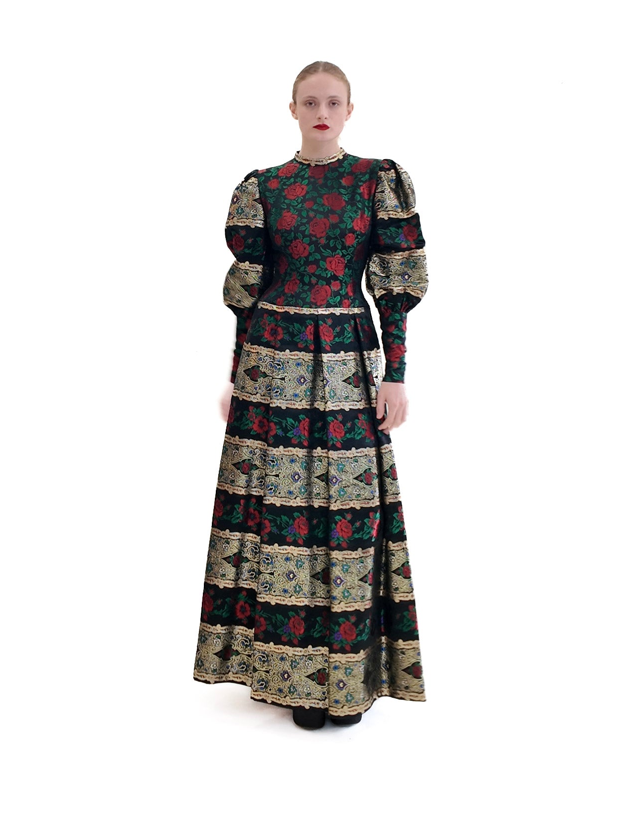 Pauline Trigere Long Puff Sleeve Brocade Floral Print Metallic Gown