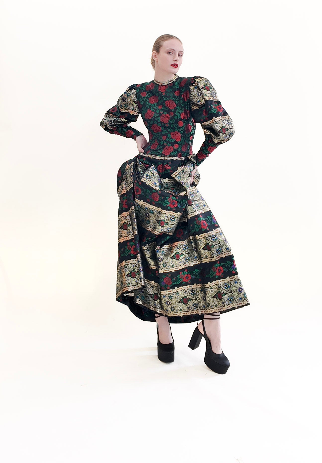 Pauline Trigere Long Puff Sleeve Brocade Floral Print Metallic Gown