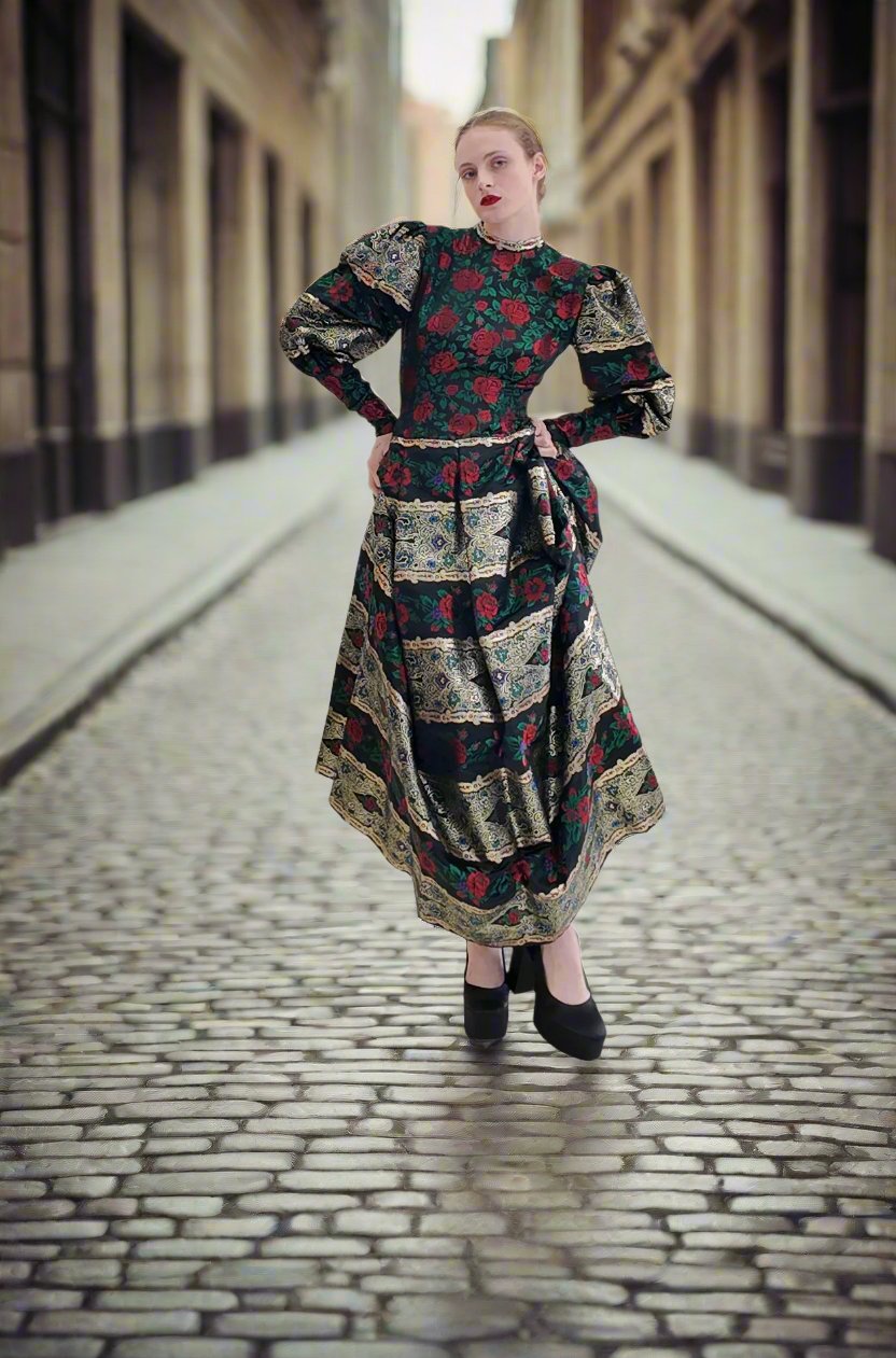 Pauline Trigere Long Puff Sleeve Brocade Floral Print Metallic Gown
