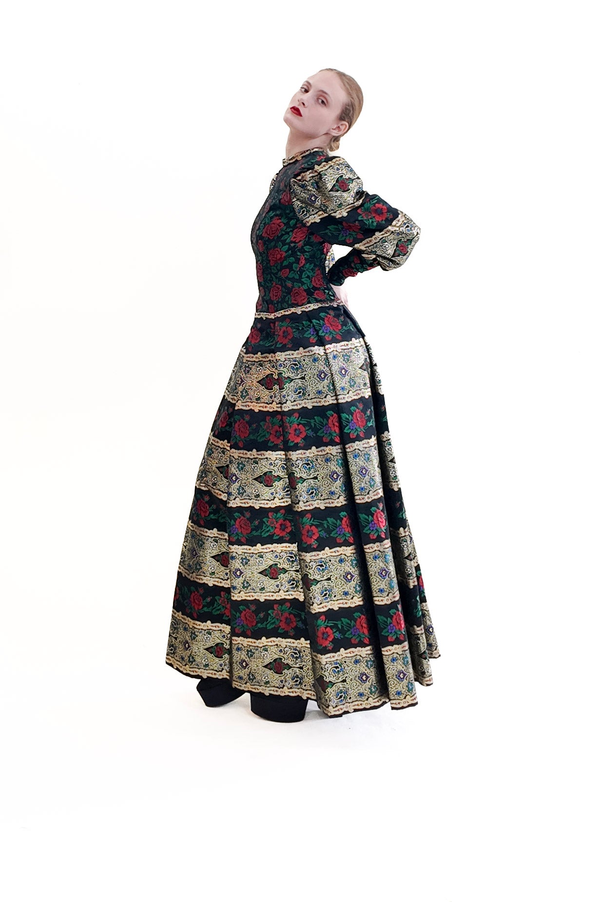 Pauline Trigere Long Puff Sleeve Brocade Floral Print Metallic Gown