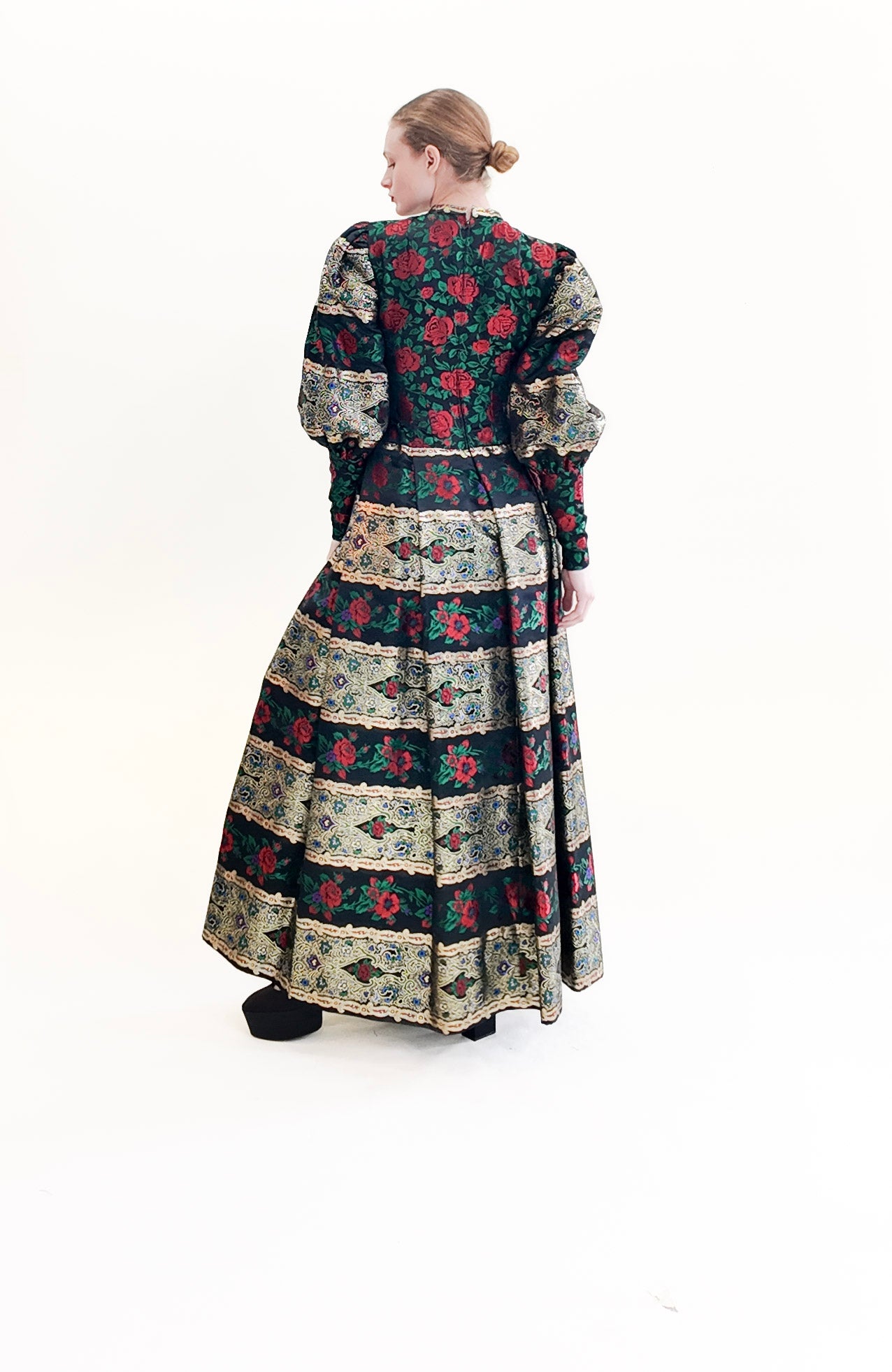 Pauline Trigere Long Puff Sleeve Brocade Floral Print Metallic Gown
