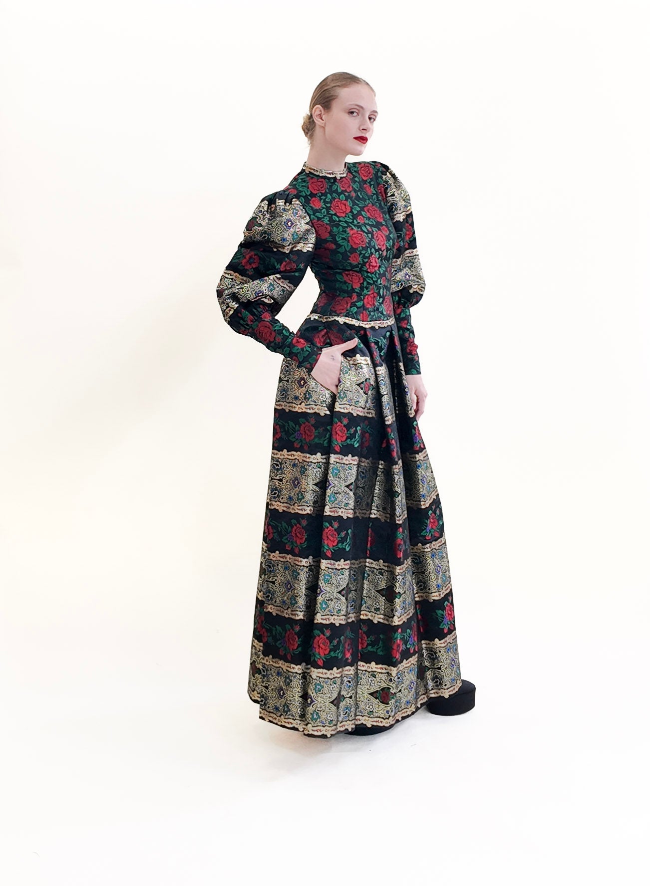 Pauline Trigere Long Puff Sleeve Brocade Floral Print Metallic Gown