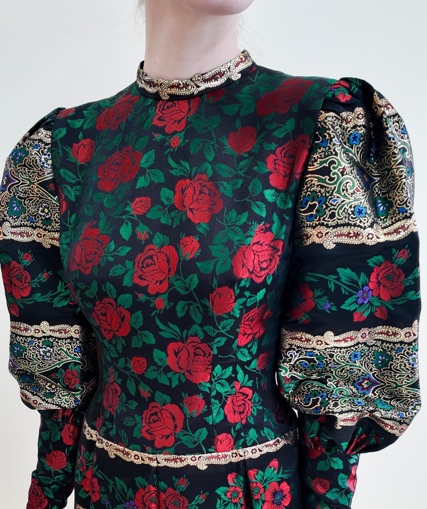 Pauline Trigere Long Puff Sleeve Brocade Floral Print Metallic Gown