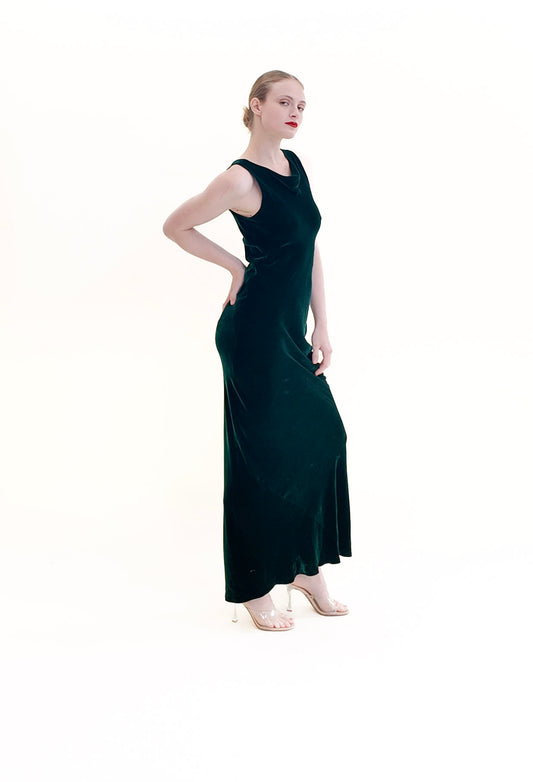 Norma Kamali Long Green Velvet Bias Cut Dress