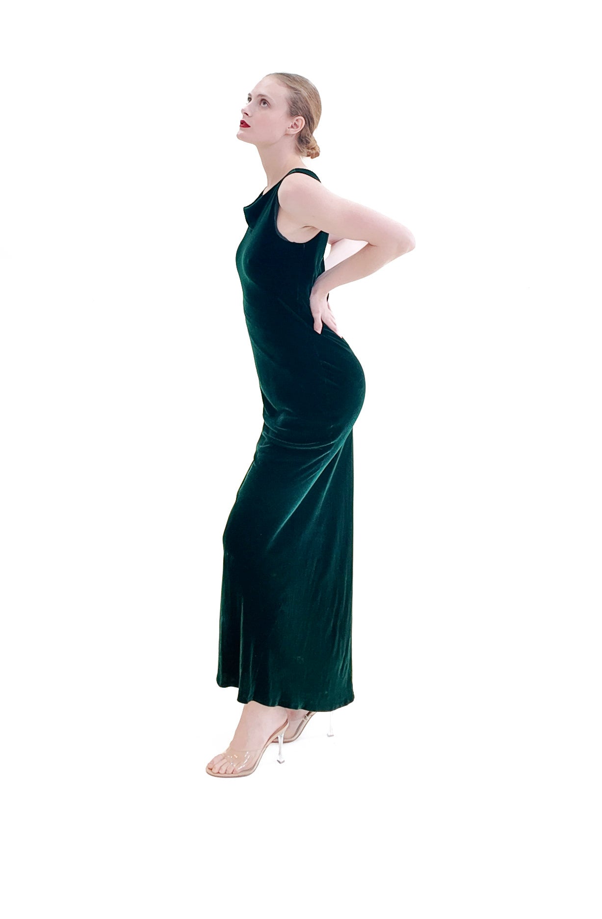 Norma Kamali Long Green Velvet Bias Cut Dress