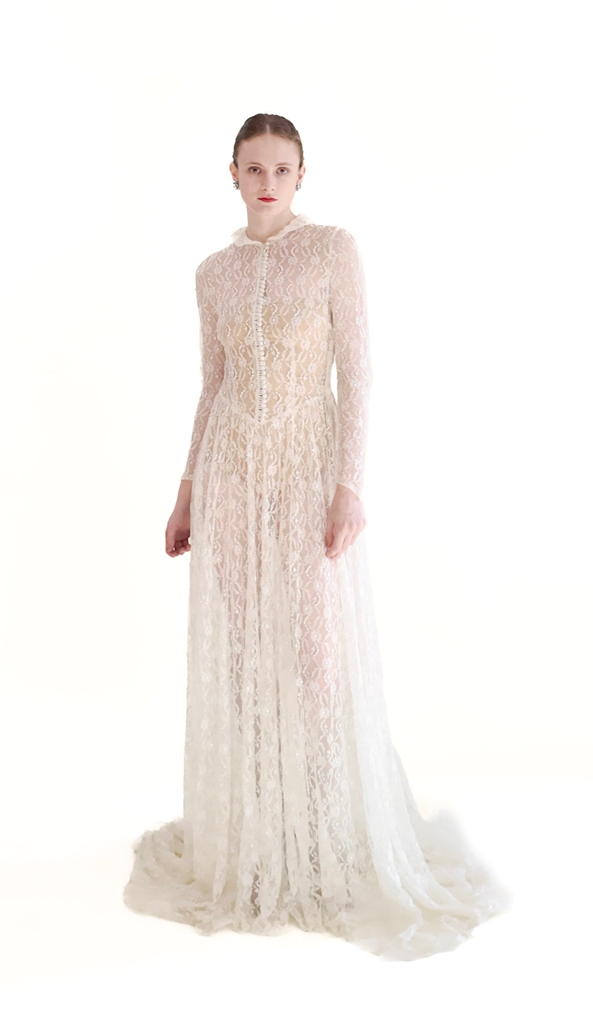 1958 Long Sleeve Button Front Collared Lace Wedding Gown with Train