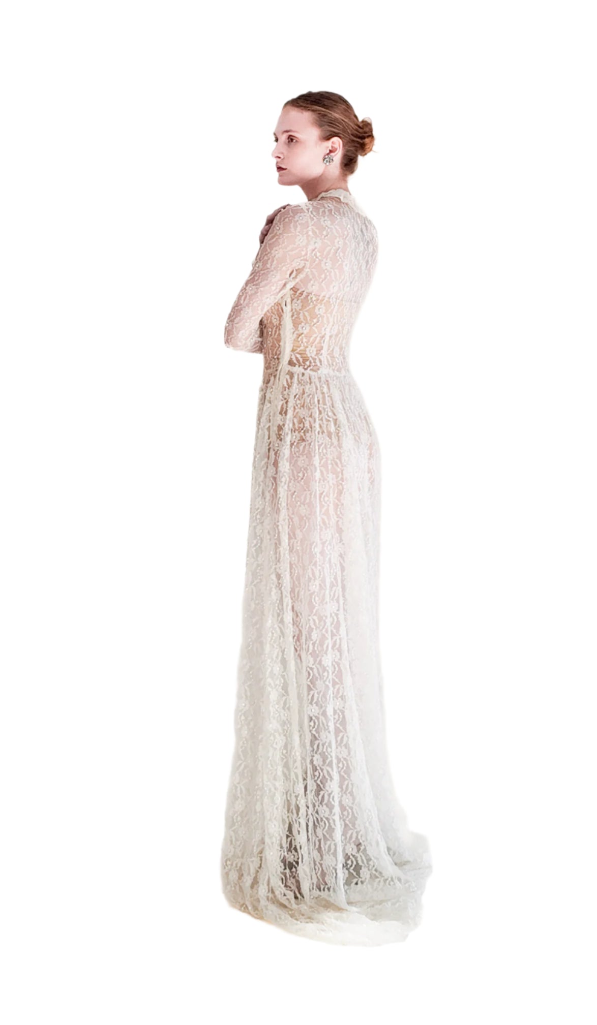 1958 Long Sleeve Button Front Collared Lace Wedding Gown with Train