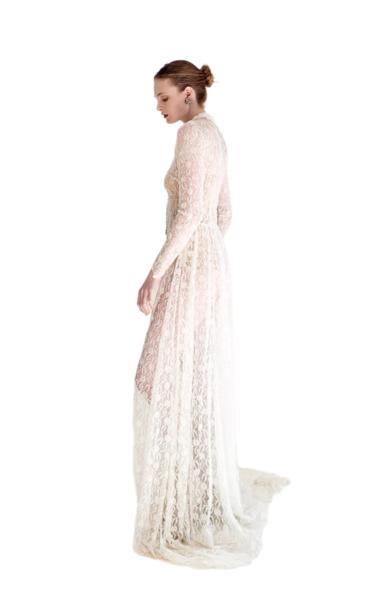 1958 Long Sleeve Button Front Collared Lace Wedding Gown with Train
