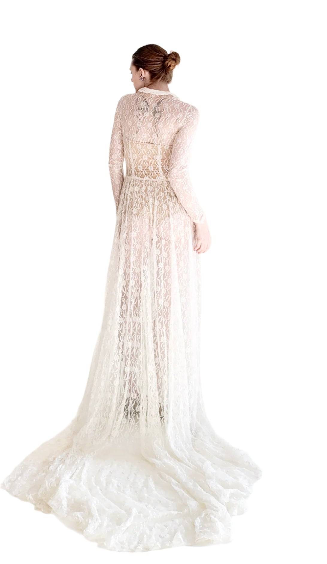 1958 Long Sleeve Button Front Collared Lace Wedding Gown with Train