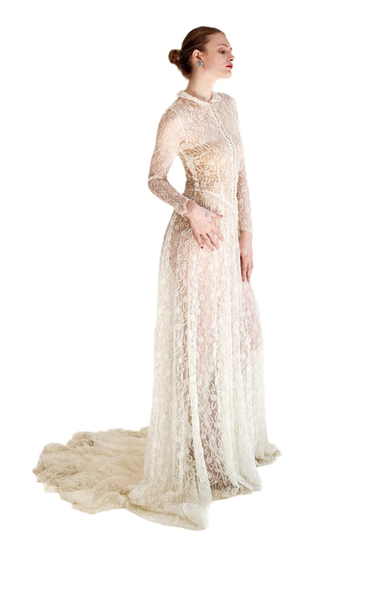 1958 Long Sleeve Button Front Collared Lace Wedding Gown with Train