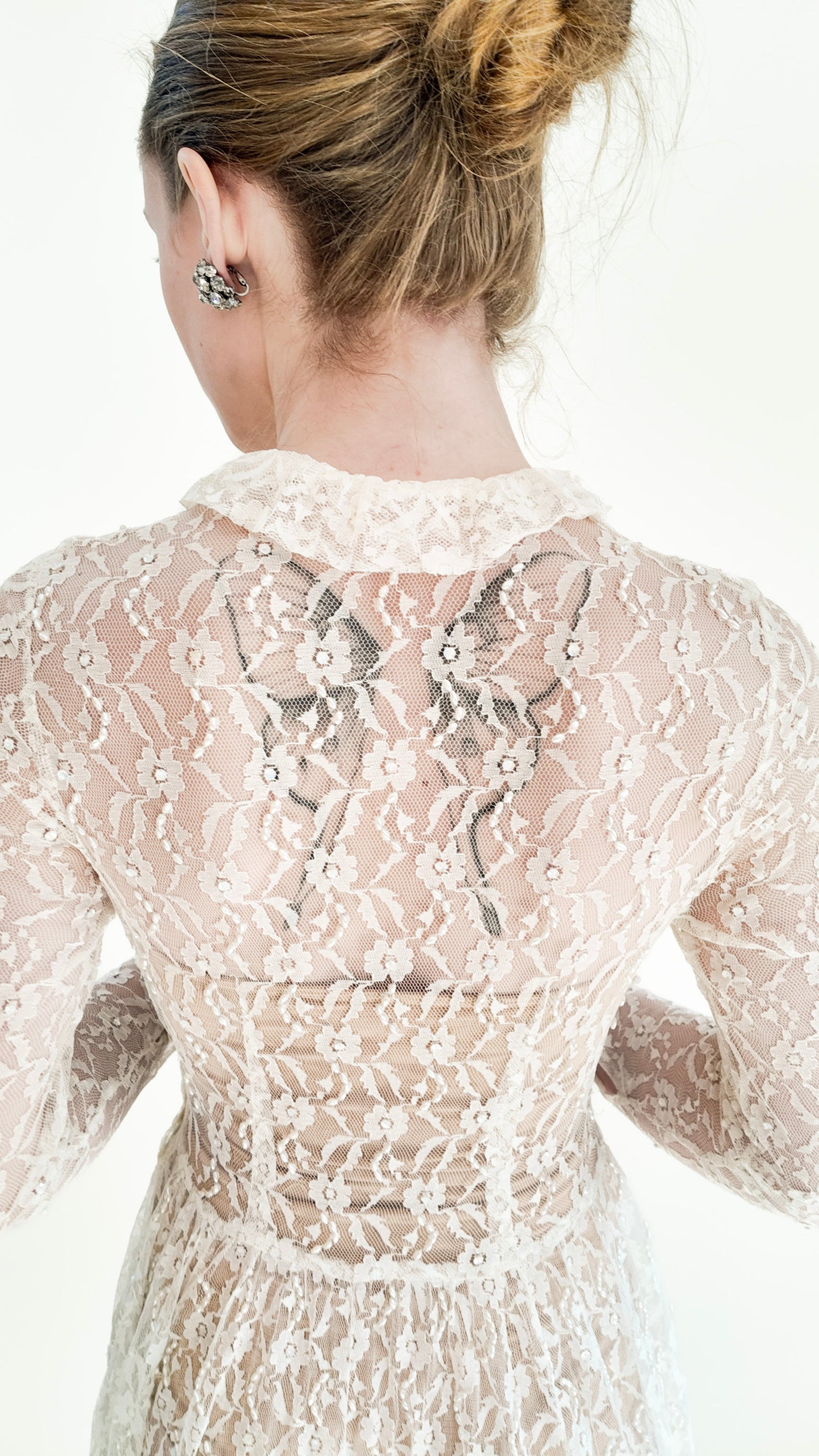 1958 Long Sleeve Button Front Collared Lace Wedding Gown with Train