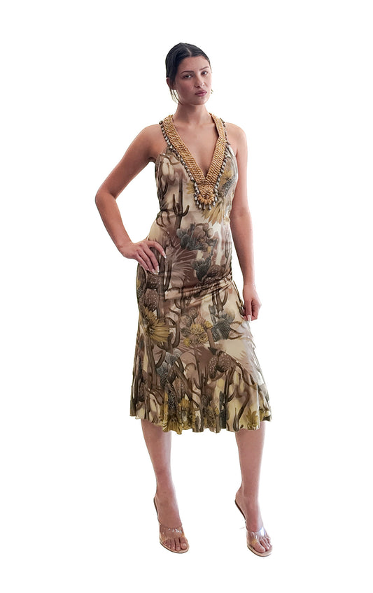 Versace S/S 2006 Desert Print Gold Trim Tea length dress - The Kit Vintage