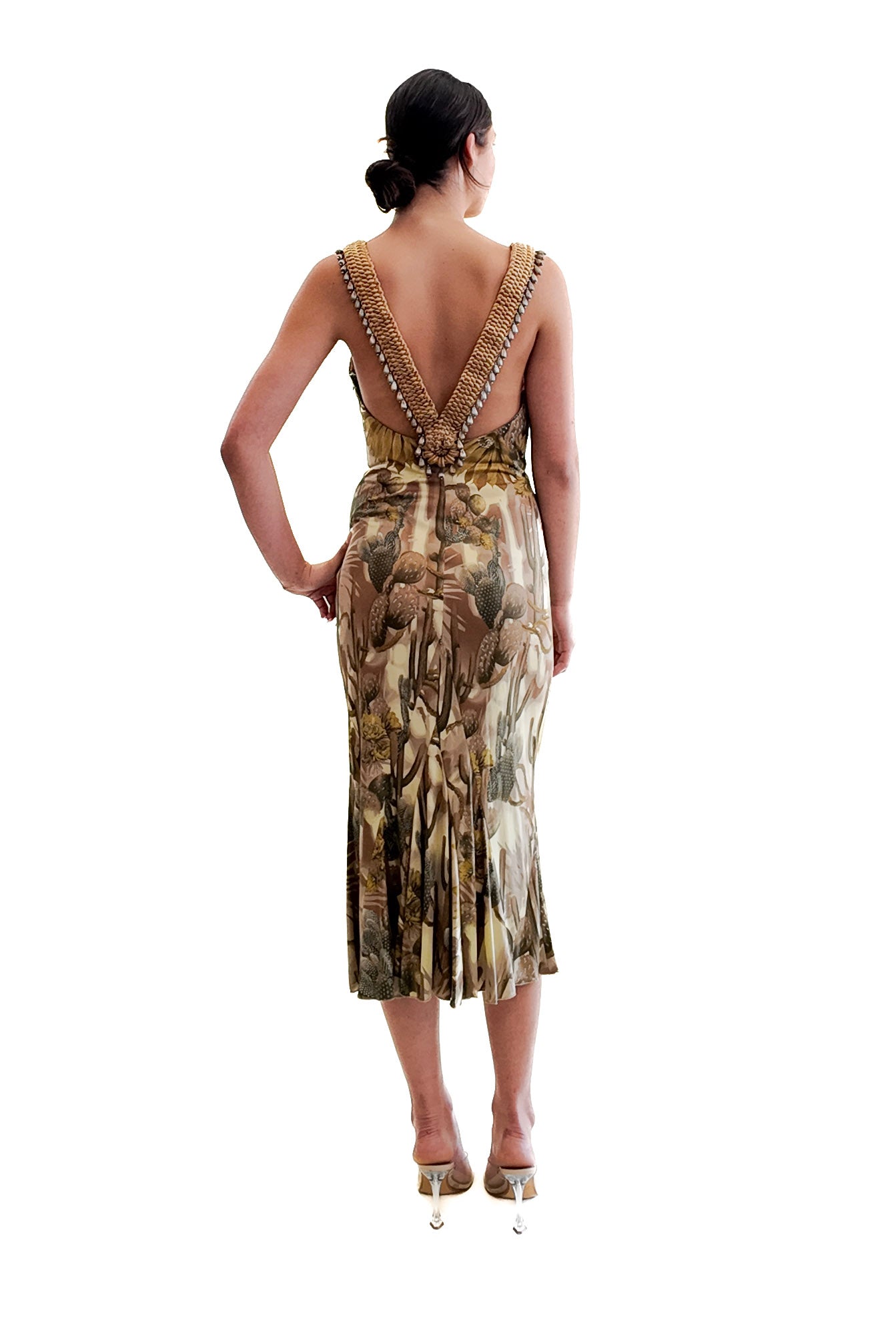 Versace S/S 2006 Desert Print Gold Trim Tea length dress - The Kit Vintage