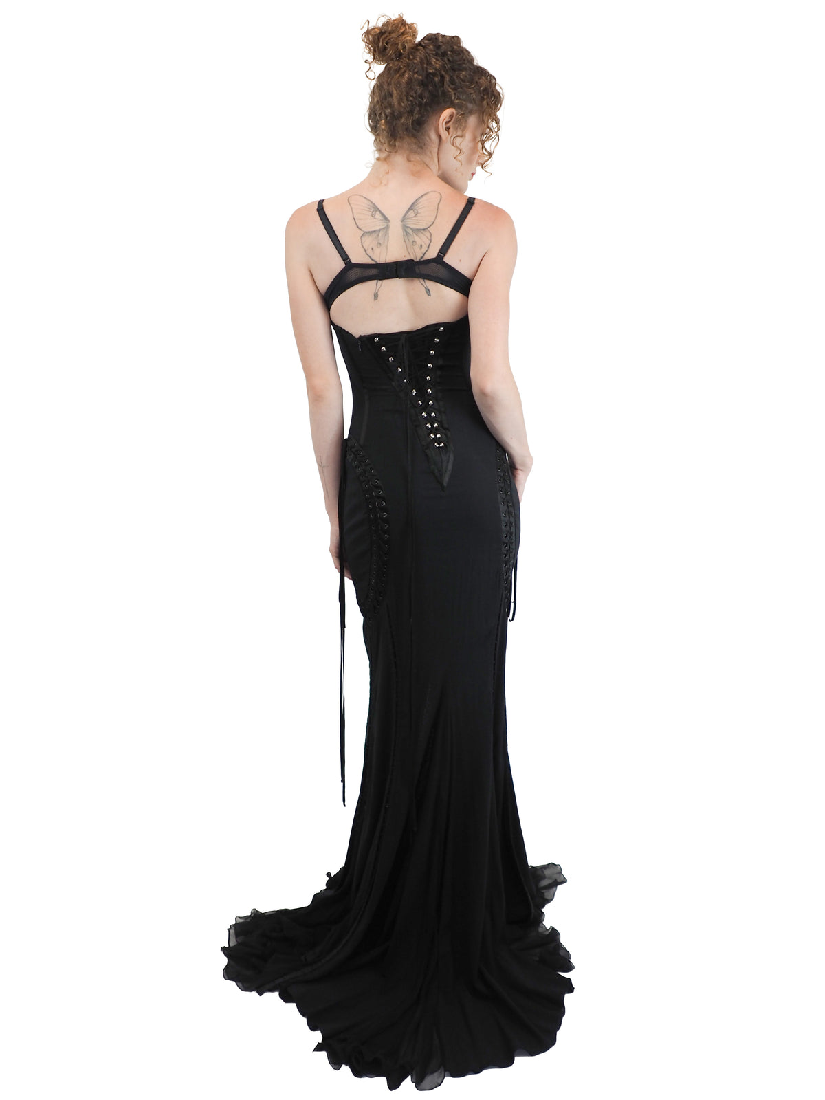 A vintage 2003 dolce and Gabbana long black spaghetti-strap dress with a corset-style bodice, side lace-up details, and a high front slit